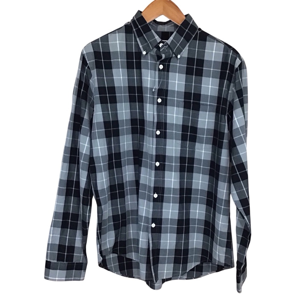 Merona Black Gray Plaid Shirt L Button Down Long Sleeve‎ Checkered